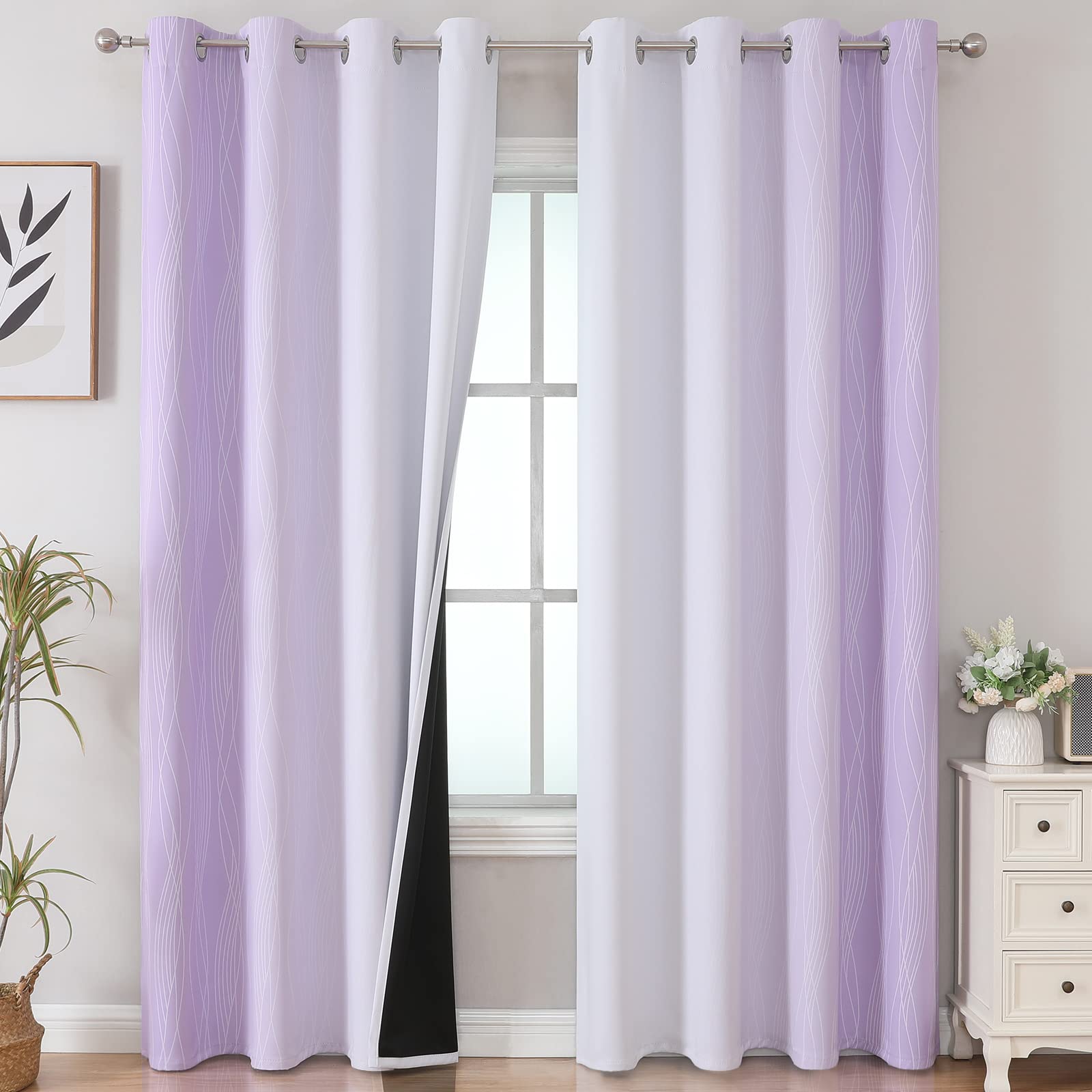 Estelar Textiler Beige and Greyish White Blackout Curtains for Living Room, Full Room Darkening Gradient Drapes for Bedroom, Thermal Insulated Ombre Grommet Curtains for Dining Room,52Wx84L,2 Panels